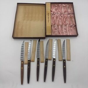 Empire Steak Knives Set 6 Piece Stainless Wood Handle‎ Vintage USA Mid centrury